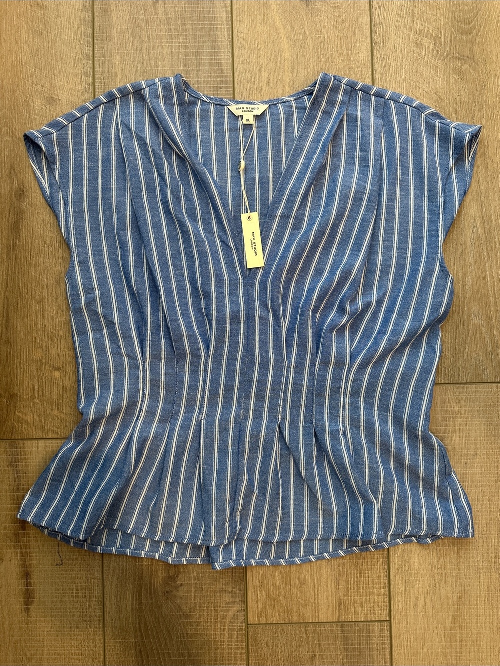 Max Studio Blue & White Striped V-Neck Peplum Blouse